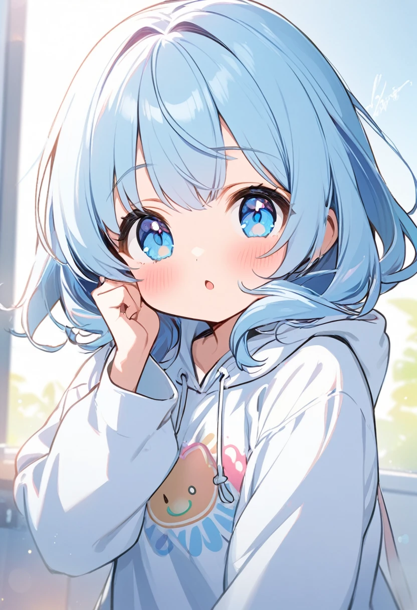 One Girl,Light blue eyes,cute,cute女の子,White hoodie,Cover your cheek with your sleeve