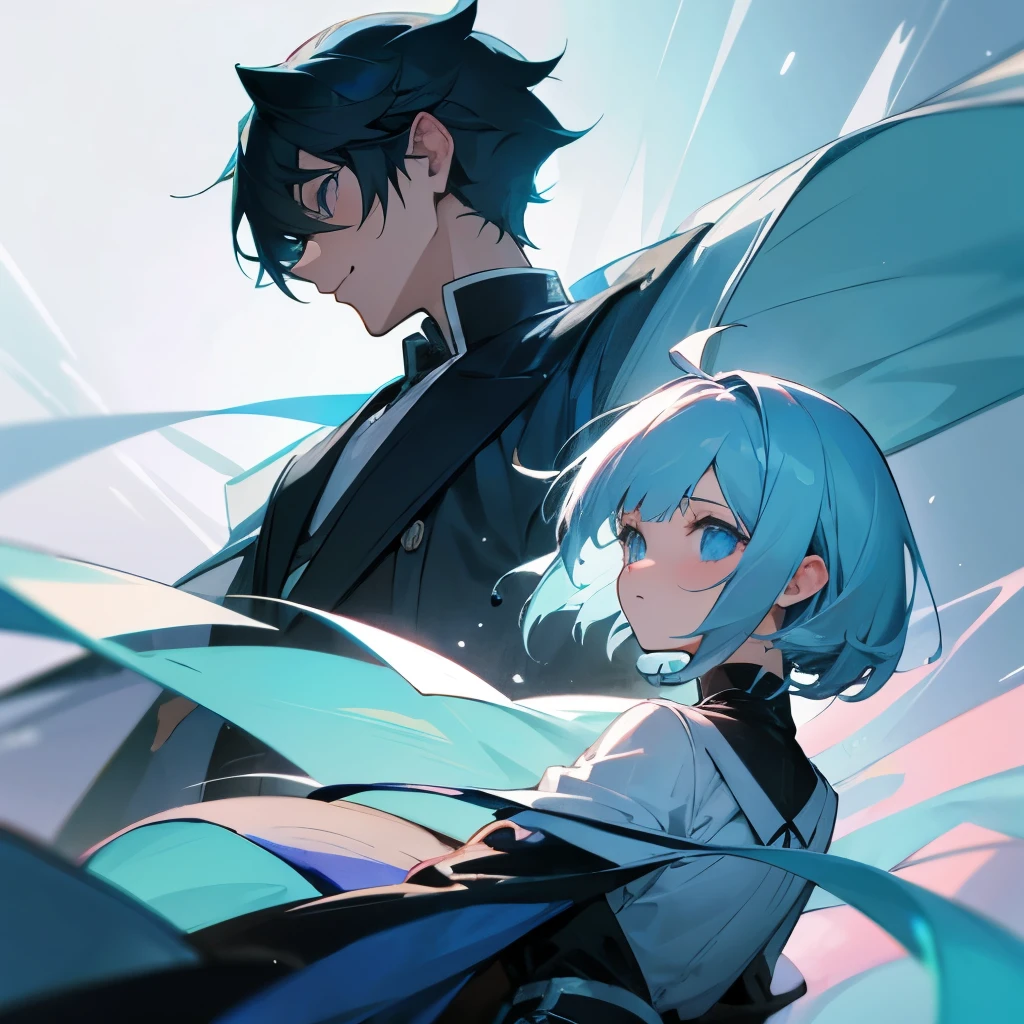 Light blue haired boy, black haired girl