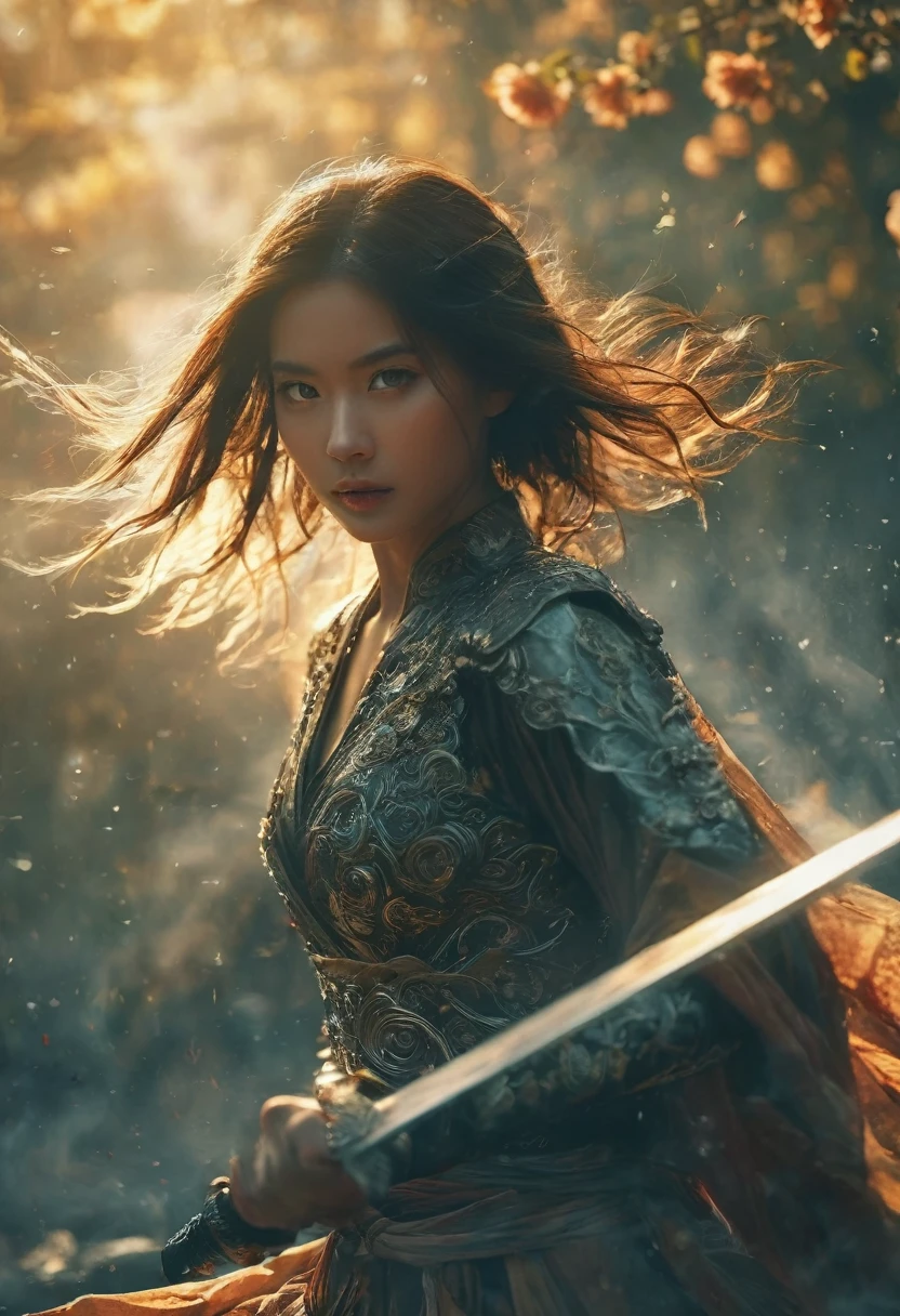 upperbody Photography of female swordman，looking at the camera, atomically correct,Raw, cinematic shot, (sharp focus:1.5), (photorealistic:1.4), twilight lighting, volumetric lighting, ultra high res, 16K,dramatic lighting, abstract backgrounds：1.5），Glowing sword,(Fighting posture),Hold the hilt of a sword in your hand，1sword，solo，（zentangle，datura，Tangles，entangled：0.7） , depth of field, Fantastical Atmosphere, The most beautiful form of chaos, ellegance, Dark theme of Fauvist design, Flower of Death, Flowers of ecstasy，Glowing Line,Glow Example，Tracking example，flash， Backlight，translucent，light particles，jade，xianxia