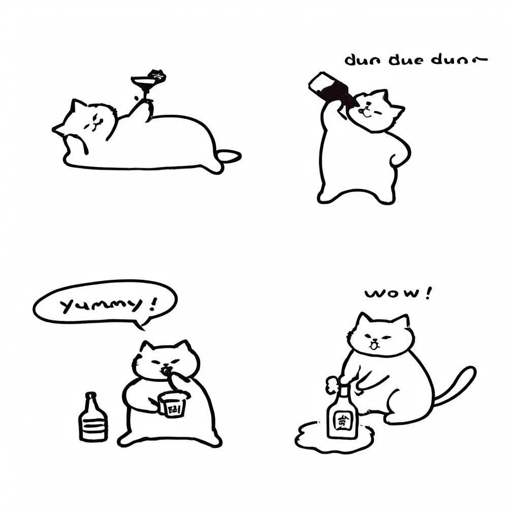 一隻狗喝酒和一隻cat坐在地上的卡通畫, cat正在喝茶, Pushen's style. comics, 液體cat, cat , three cat drinking in a bar, Interesting illustration, cat毛茸茸的, cat喝牛奶, 有趣的cat, cat! Nearby, cat, have a drink, drinks, author:by Oka Yasutomo