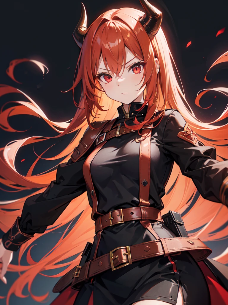 Girl with light copper-amber hair, dark red eyes , sexy dark clothes, sly facial expression, , on the head there are black small demonic horns, average build , belt art , high detail studio light