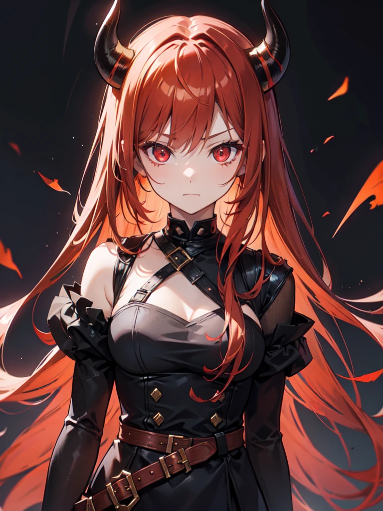 Girl with light copper-amber hair, dark red eyes , sexy dark clothes, sly facial expression, , on the head there are black small demonic horns, average build , belt art , high detail studio light
