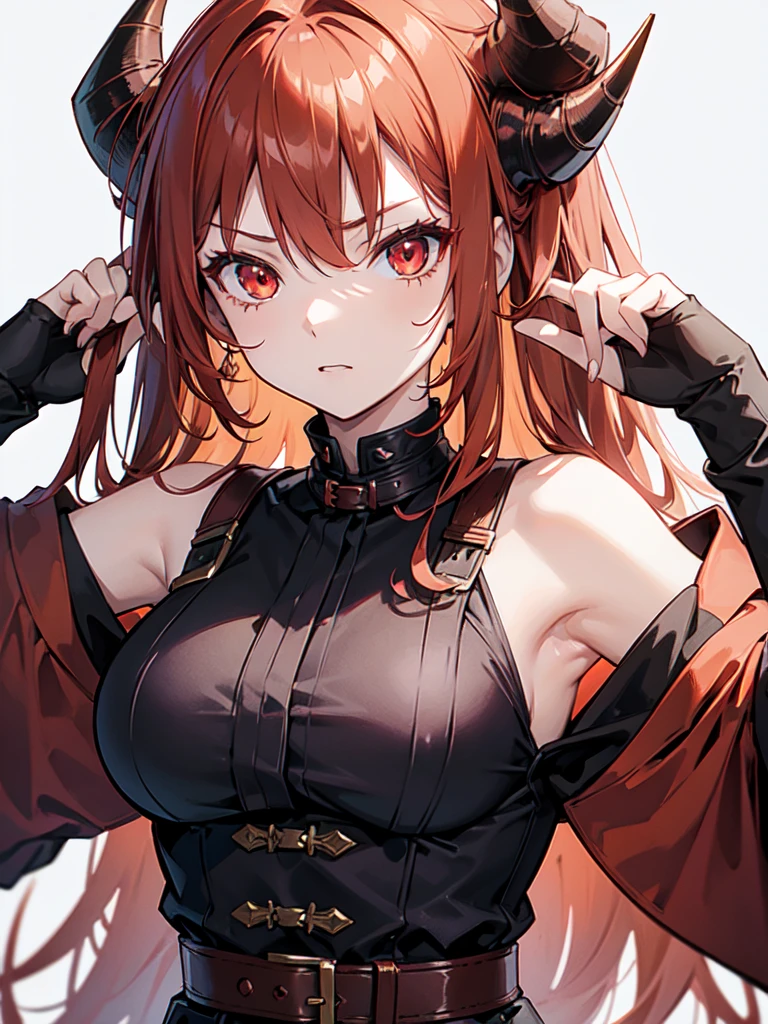 Girl with light copper-amber hair, dark red eyes , sexy dark clothes, sly facial expression, , on the head there are black small demonic horns, average build , belt art , high detail studio light