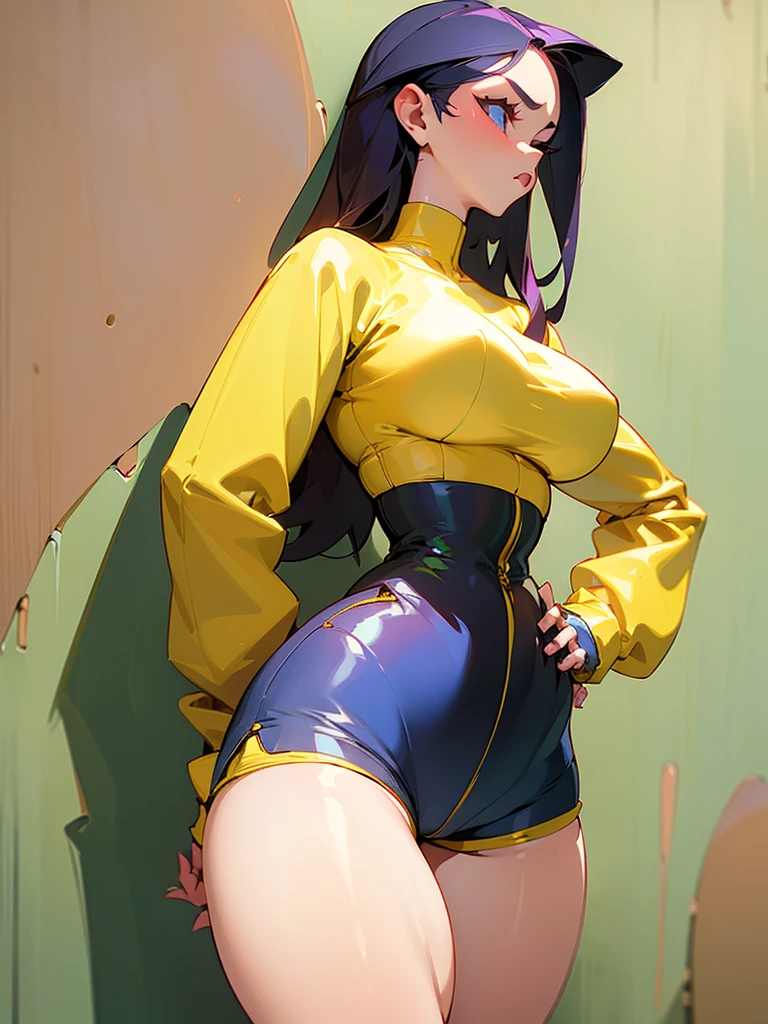 best quality:1.4), (masterpiece:1.4), (69K:1.4), (extremely detailed:1.4), 1girl very plumper crop top, against wall, bare thighs, hands on hips, (high waist shorts:1.4), (crotch seam:1.2), from side, plumper thighs, plumper legs, plumper_breasts,
