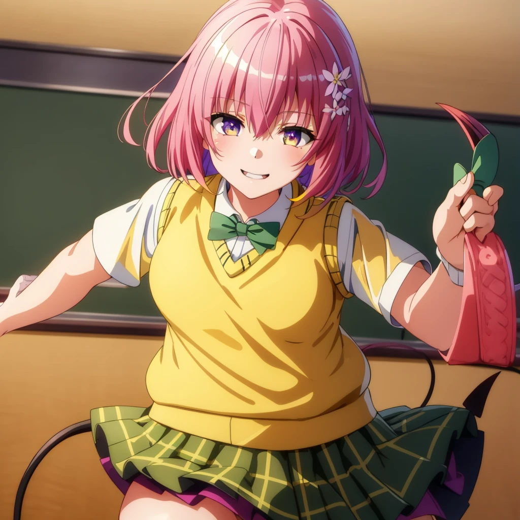 Momodebilke, Deviluke Type, demon tail, One person，Hair Flowers, hair ornaments, (Purple eyes:1.1), Pink Hair, short hair, tail, smile,最高masterpiece，Highest quality，
break demon tail, green skirt, Plaid, Plaid skirt, Sainan High , , skirt, Sweater vest, Knee socks, (Yellow Sweater:1.5), Short sleeve, bow, (green bow:1.5),
break indoors, classroom,
break looking at viewer, (Cowboy Shot:1.5),
break (masterpiece:1.2), Highest quality, High resolution, unity 8k wallpaper, (figure:0.8), (beautiful detailed eyes:1.6), extremely detailed face, Perfect lighting, extremely detailed CG, (Perfect hands, Perfect Anatomy),