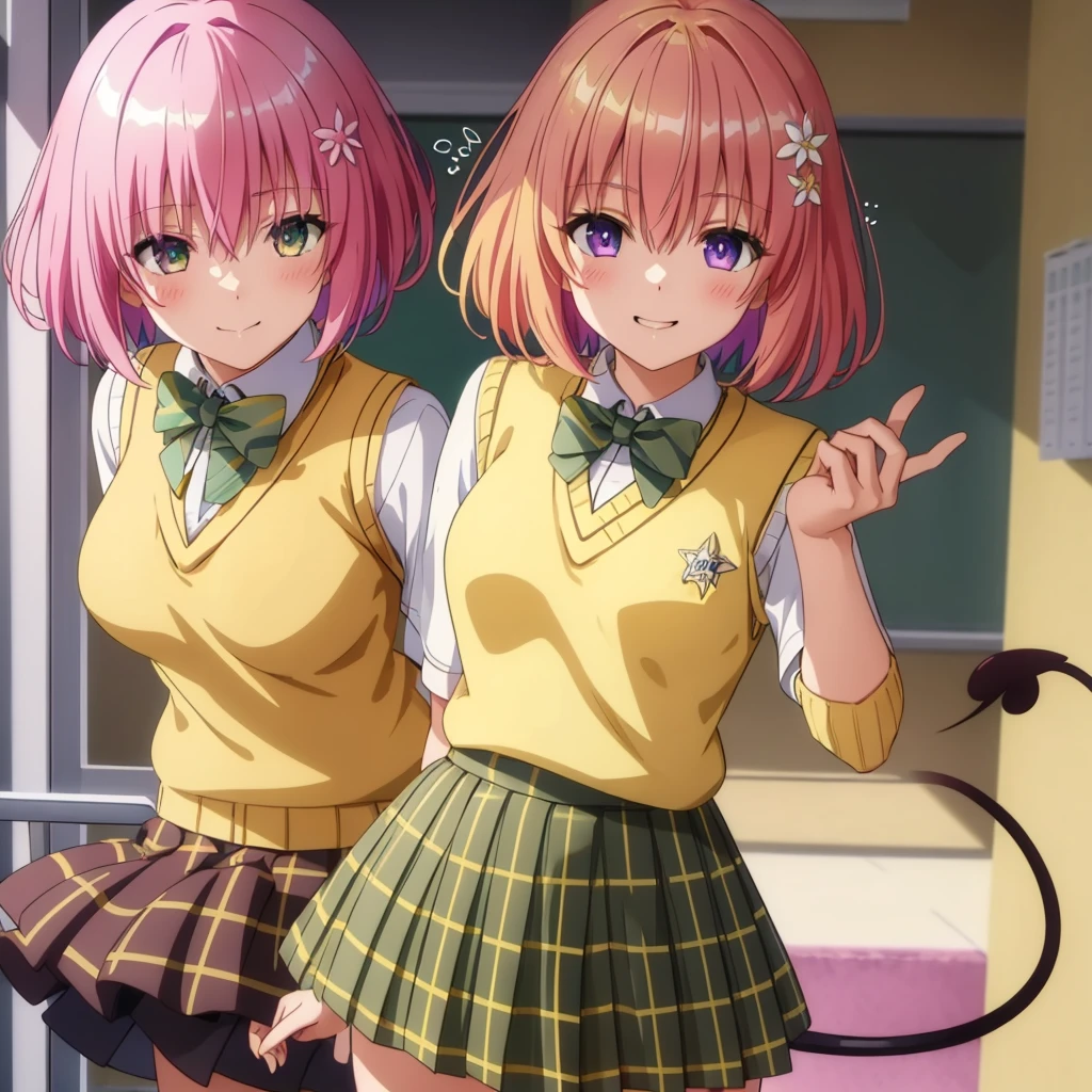 Momodebilke, Deviluke Type, demon tail, One person，Hair Flowers, hair ornaments, (Purple eyes:1.1), Pink Hair, short hair, tail, smile,最高masterpiece，Highest quality，
break demon tail, green skirt, Plaid, Plaid skirt, Sainan High , , skirt, Sweater vest, Knee socks, (Yellow Sweater:1.5), Short sleeve, bow, (green bow:1.5),
break indoors, classroom,
break looking at viewer, (Cowboy Shot:1.5),
break (masterpiece:1.2), Highest quality, High resolution, unity 8k wallpaper, (figure:0.8), (beautiful detailed eyes:1.6), extremely detailed face, Perfect lighting, extremely detailed CG, (Perfect hands, Perfect Anatomy),