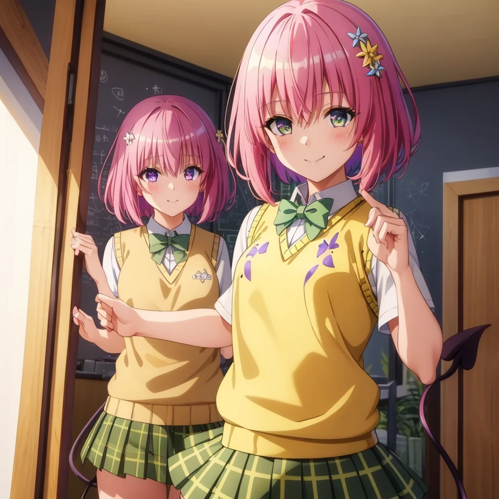 Momodebilke, Deviluke Type, demon tail, One person，Hair Flowers, hair ornaments, (Purple eyes:1.1), Pink Hair, short hair, tail, smile,最高masterpiece，Highest quality，
break demon tail, green skirt, Plaid, Plaid skirt, Sainan High , , skirt, Sweater vest, Knee socks, (Yellow Sweater:1.5), Short sleeve, bow, (green bow:1.5),
break indoors, classroom,
break looking at viewer, (Cowboy Shot:1.5),
break (masterpiece:1.2), Highest quality, High resolution, unity 8k wallpaper, (figure:0.8), (beautiful detailed eyes:1.6), extremely detailed face, Perfect lighting, extremely detailed CG, (Perfect hands, Perfect Anatomy),