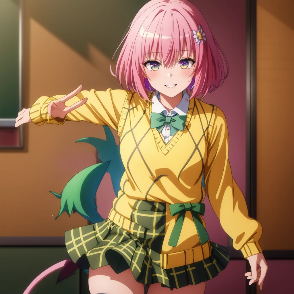 Momodebilke, Deviluke Type, demon tail, One person，Hair Flowers, hair ornaments, (Purple eyes:1.1), Pink Hair, short hair, tail, smile,最高masterpiece，Highest quality，
break demon tail, green skirt, Plaid, Plaid skirt, Sainan High , , skirt, Sweater vest, Knee socks, (Yellow Sweater:1.5), Short sleeve, bow, (green bow:1.5),
break indoors, classroom,
break looking at viewer, (Cowboy Shot:1.5),
break (masterpiece:1.2), Highest quality, High resolution, unity 8k wallpaper, (figure:0.8), (beautiful detailed eyes:1.6), extremely detailed face, Perfect lighting, extremely detailed CG, (Perfect hands, Perfect Anatomy),