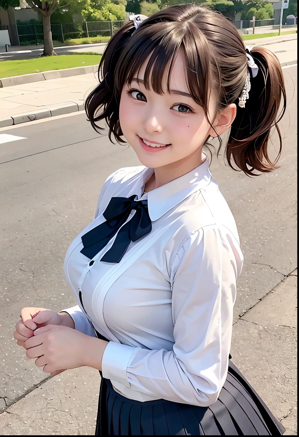 (Highest quality,masterpiece:1.3,Ultra-high resolution),(Very detailed、Caustics) (Realistic:1.4, RAW shooting、)Ultra-Realistic Capture、Very detailed、Natural skin texture、masterpiece、(A Japanese elementary school girl wearing a black blouse and pleated skirt:1.3)、Adorable expression、Expressions of happiness、10 years old、height: 140cm、Baby Face、Pure girl、Amazingly cute、Twin tail hairstyle、Curly Hair、ribbon、Black Hair、Large Breasts、Shining thighs、Shining ass、necklace、Sidewalk in a residential area、Background details、smile、An inviting gaze、(Anatomically correct)、Cowboy Shot、Attention to detail、