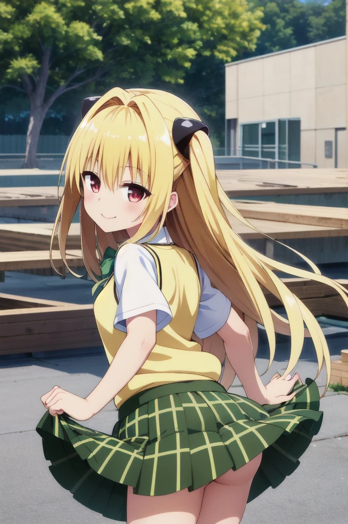 masterpiece, Highest quality, High resolution, Ayami, Very long hair, Both sides up, hair ornaments, , Green bow tie, White shirt, Sweater vest, Yellow vest, Short sleeve, Checked skirt, Green Skirt, Are standing, Cowboy Shot, smile, Outdoor, skirt lift,(((Backwards)))Butt Show