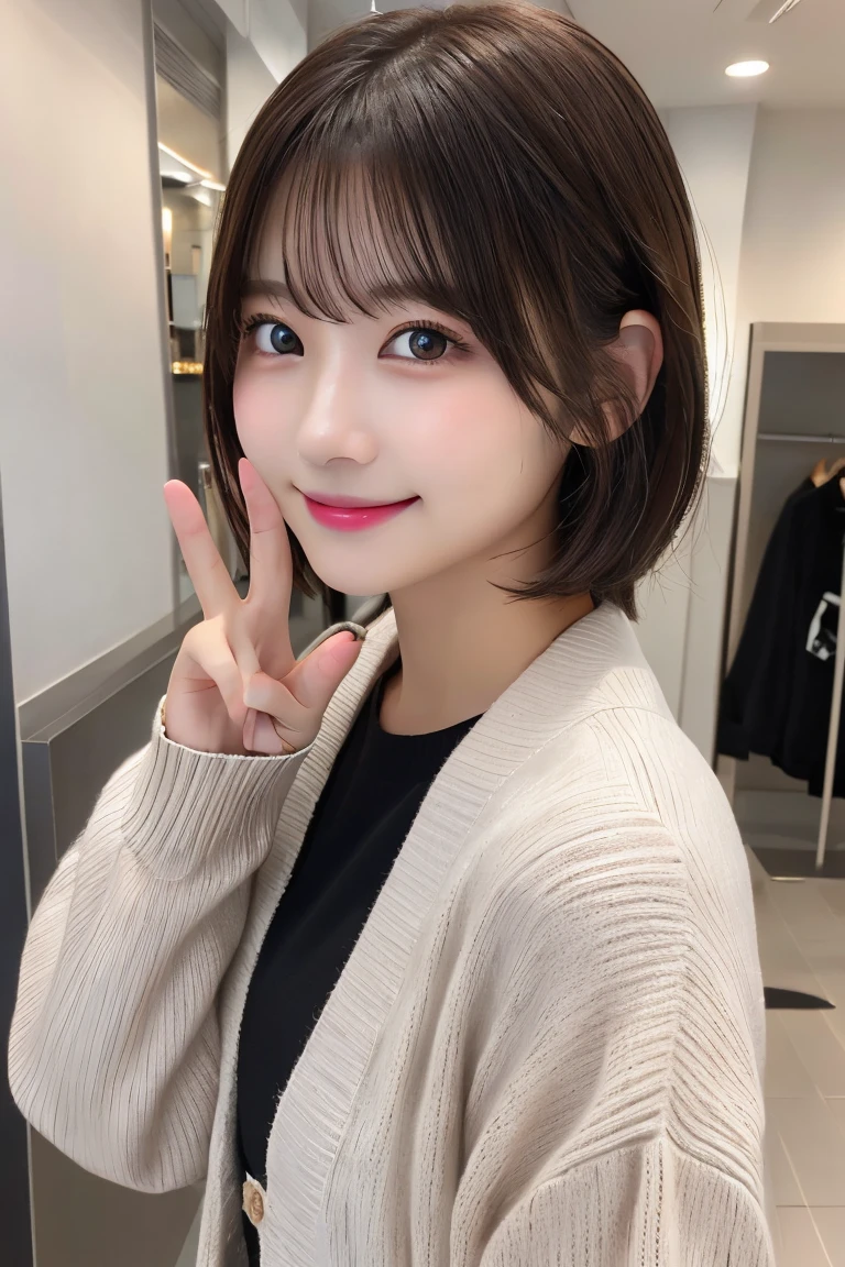 Highest quality、(beautiful)、Precision Eyes、Fine skin、Brown eyes、22-year-old female、Brown Hair、looking at the camera、Gal、Semi-short hair、cardigan、peace sign、Selfie、smile
