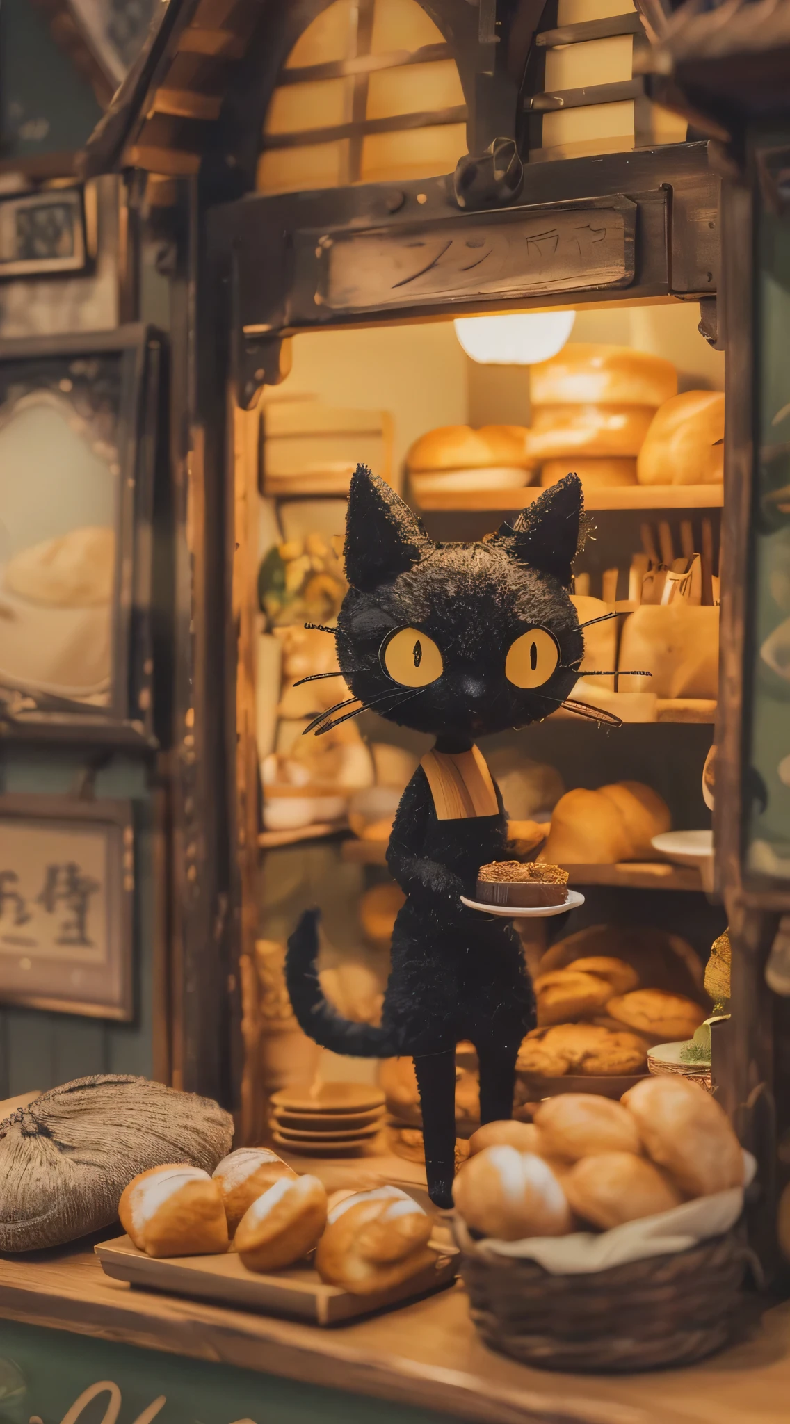 32mm color photo, Ghibli style, cafe in Kiki's Delivery Service, breads in showcase, black cat, vibrant colors, warm lighting, cozy atmosphere, detailed interior, wooden furniture, potted plants, hanging lanterns, dreamy aesthetic, soft focus, high quality, hyperrealistic, 8k, photorealistic