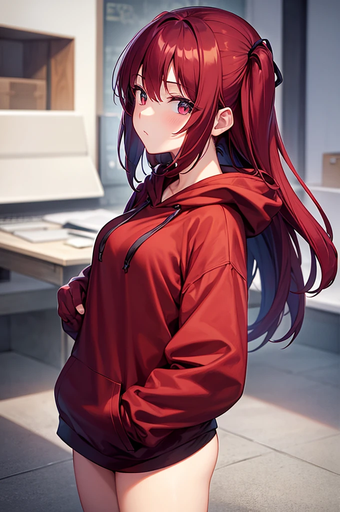 best quality, 1girl, hoodie, cool, dark red hair