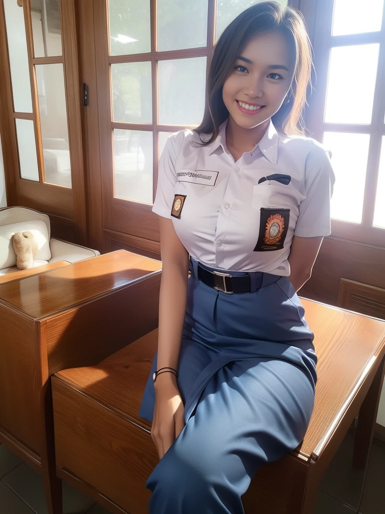 1girl, solo, (Indonesian_high_school_uniform), sitting, model pose, Classroom, professional light, detailed face, detailed eyes, (seductive smile: 1.2), wide view, large fit body, large breasts, shiny skin,looking at viewers, wearing tight white shirt, wearing grey blue very short pants, (8k, RAW photo, best quality, masterpiece: 1.4), (realistic, realistic: 1.5), ultra-high resolution