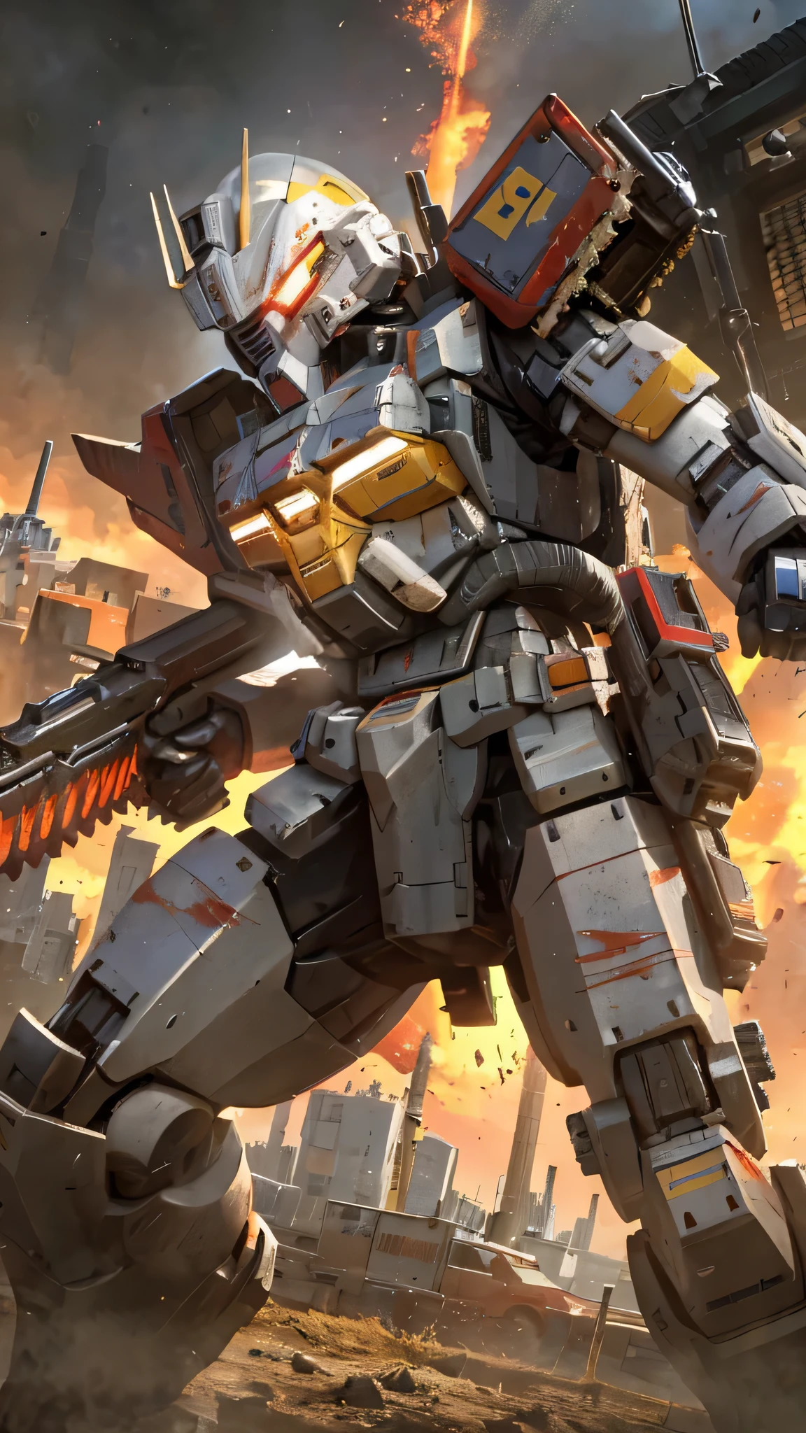 最high quality、Best image quality、masterpiece、Giant Mecha((humanoid、Railgun、Bulletproof vest、Jetpack、Red visor、Run、Chainsaw,Covered in scars,gas mask、Gold Color、Fighting Pose))high quality、Beautiful art、background((City、explosion、Smokescreen)),Tabletop、Exquisite design、Visual Arts、Written boundary depth、Best lighting、The finest details、8k