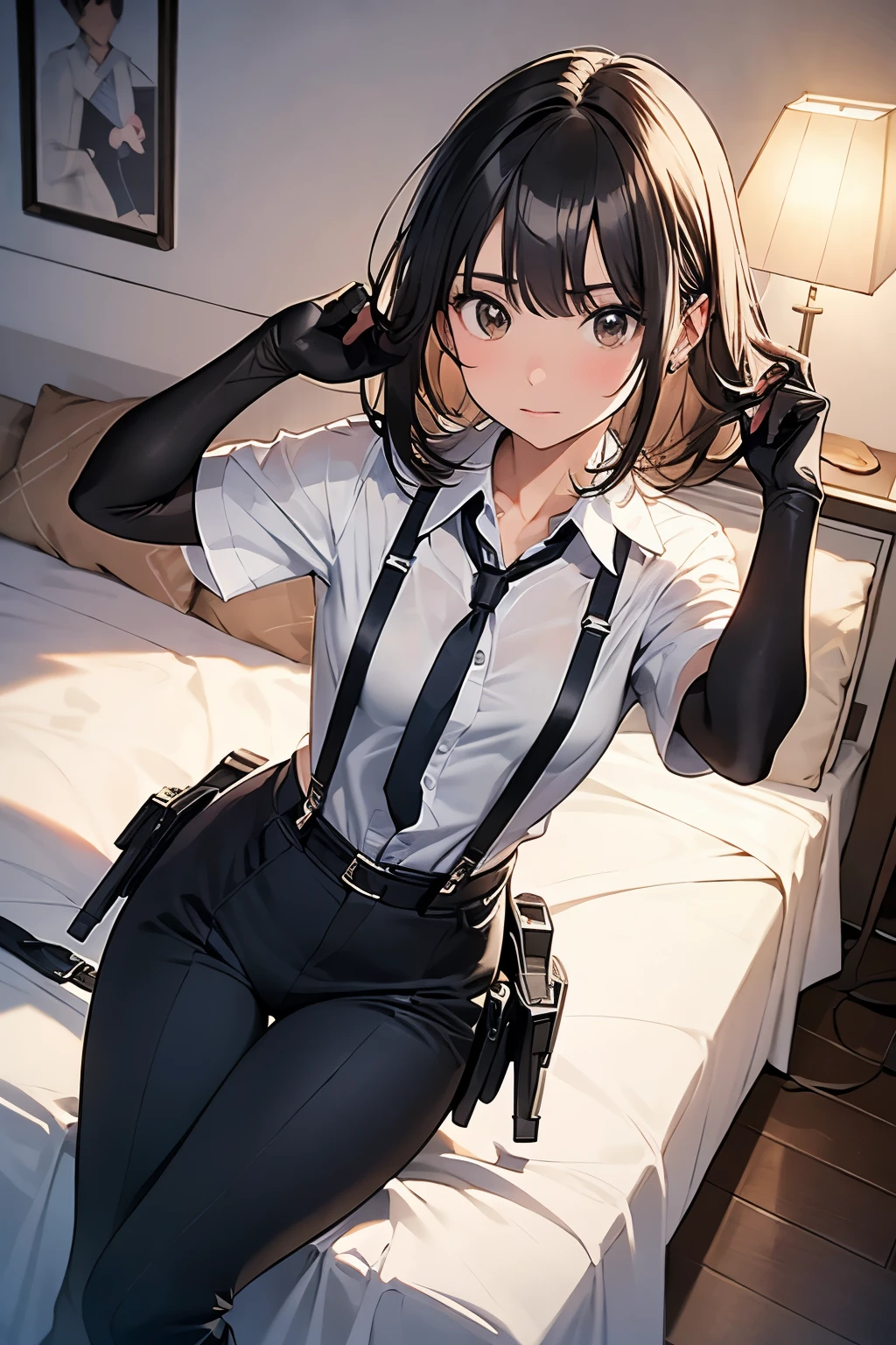 1 female, , high quality, masterpiece, Ultra-high resolution, , Cinema Lighting, , , And the suspenders with the cranes flying Moderate breasts Small face holster Lying in bed Looking up Sweat belt summer 脇Sweat Black Hole Gloves suit shirt Black jacket Black trousers Leg Links ズボンにbelt holster Hands behind your back Anxious expression Looking up Anxious face, legs apart