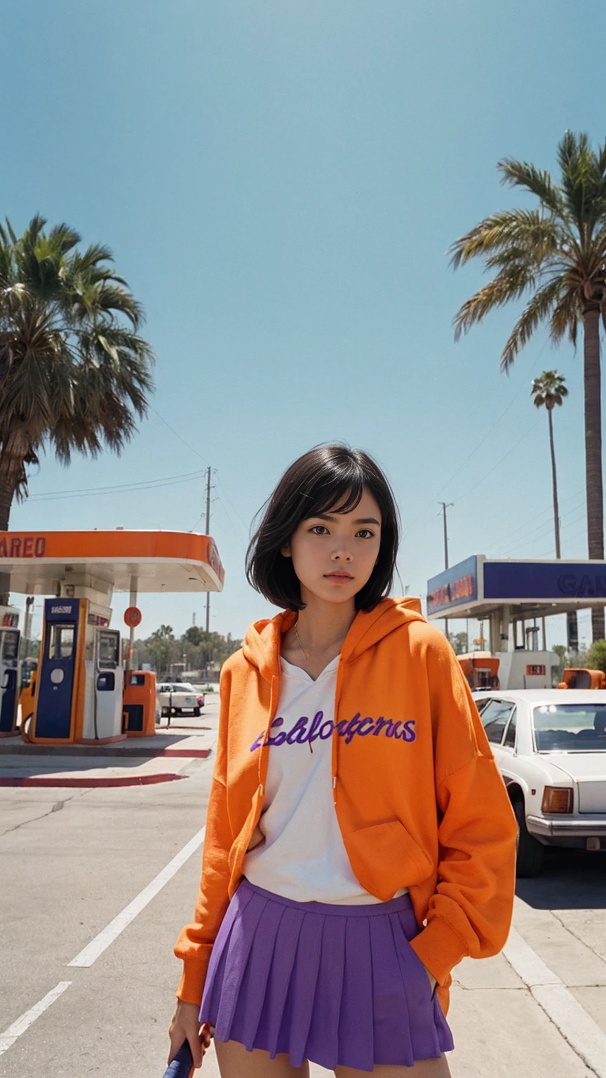 photo cinematic photograph long shot portraits by Wes Anderson, cute 23 yo girl ,fokus, bokeh ,wear ((orange color oversized_hoodie)), wear ((purple tennis skirt)),looking front,Best Quality,Masterpiece,Ultra High Resolution,(Realisticity:1.4),Original Photo, 1Girl, light leak,ultra high resolution,UHD,beautiful, (black bob hair), almond eye, no makeup, in front of ((80's los angles gas station)), (realistic:1.2), (surreal:1.3), (very detailed:1.1), ((masterpiece)),summer, blue sky, palm trees,sunny, los angles vibes,film camera, 800mm lens,style of Philip Lorca diCorcia