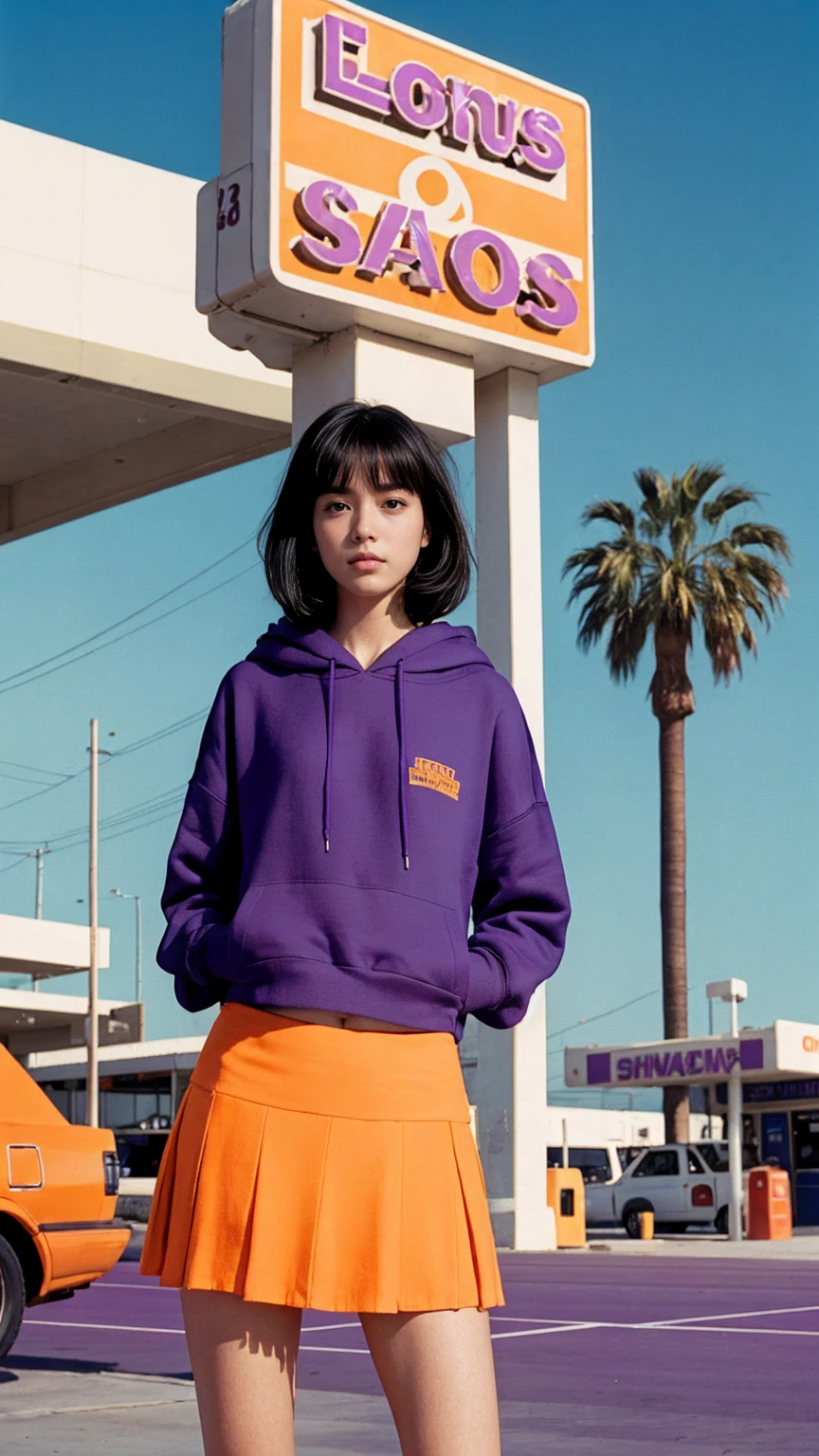  photo cinematic photograph long shot portraits by Wes Anderson, cute 23 yo girl ,fokus, bokeh ,wear ((orange color oversized_hoodie)), wear ((purple tennis skirt)),looking front,Best Quality,Masterpiece,Ultra High Resolution,(Realisticity:1.4),Original Photo, 1Girl, light leak,ultra high resolution,UHD,beautiful, (black bob hair), almond eye, no makeup, in front of ((80's los angles gas station)), (realistic:1.2), (surreal:1.3), (very detailed:1.1), ((masterpiece)),summer, blue sky, palm trees,sunny, los angles vibes,film camera, 800mm lens,style of Philip Lorca diCorcia