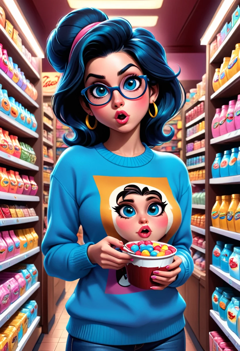 Amy Winehouse, Best Quality, Masterpiece, dark very detailed symmetrical eyes, glasses, blue sweater, eating a sweet, girl, very detailed background, (in a candy store), Hyper realistic, cinematic lighting, Studio quality, 8K resolution, Masterpiece, Pixar style, por Tristan Eaton Stanley Artgerm y Tom Bagshaw