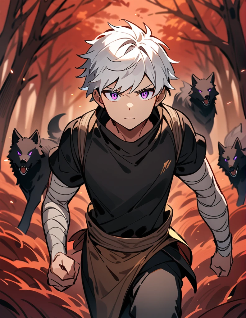 small Greek boy with white hair, violet eyes, wearing a black shirt, with his arms covered in bandages, running from some black wolves, with a red forest of dry trees in the background
