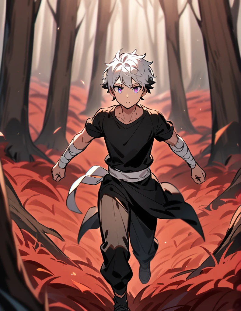 small Greek boy with white hair, violet eyes, wearing a black shirt, with his arms covered in bandages, running from some black wolves, with a red forest of dry trees in the background