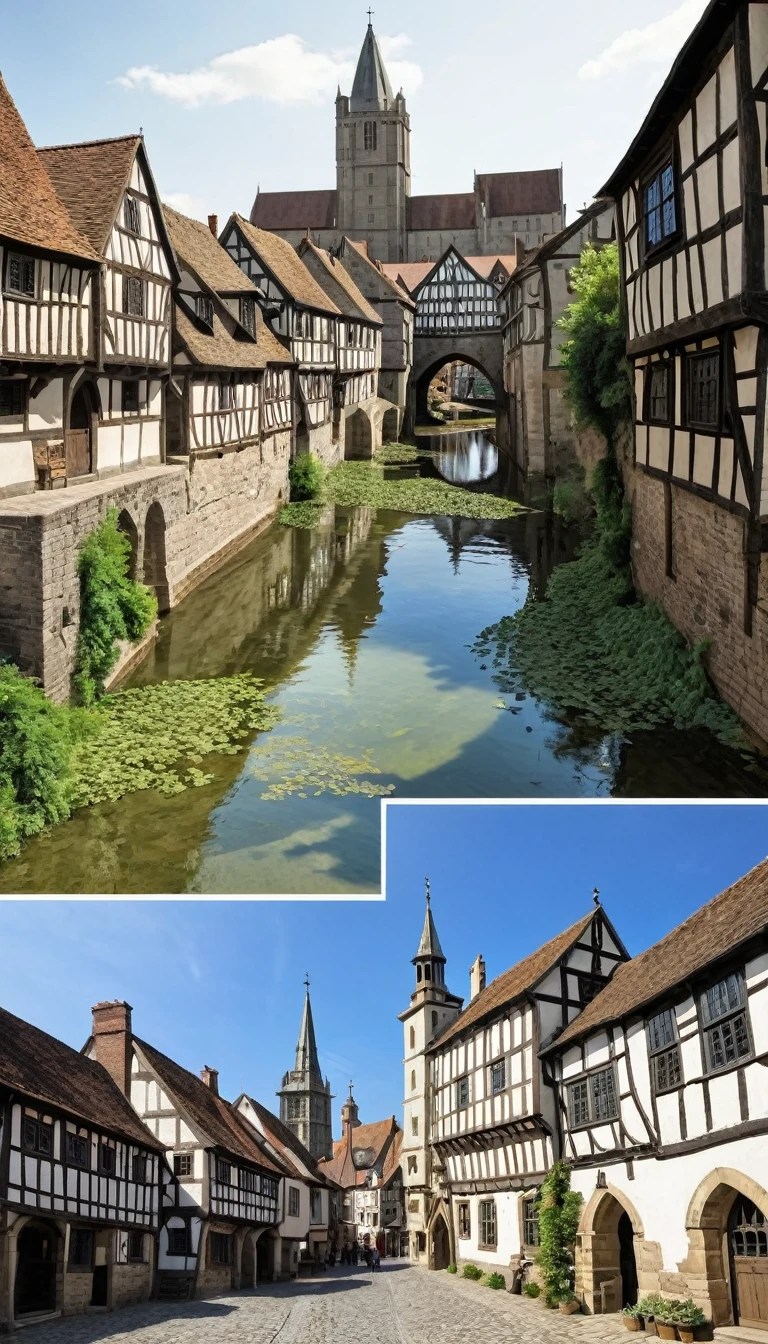 Contrast of thriving medieval town before the plague and the same town devastated after"