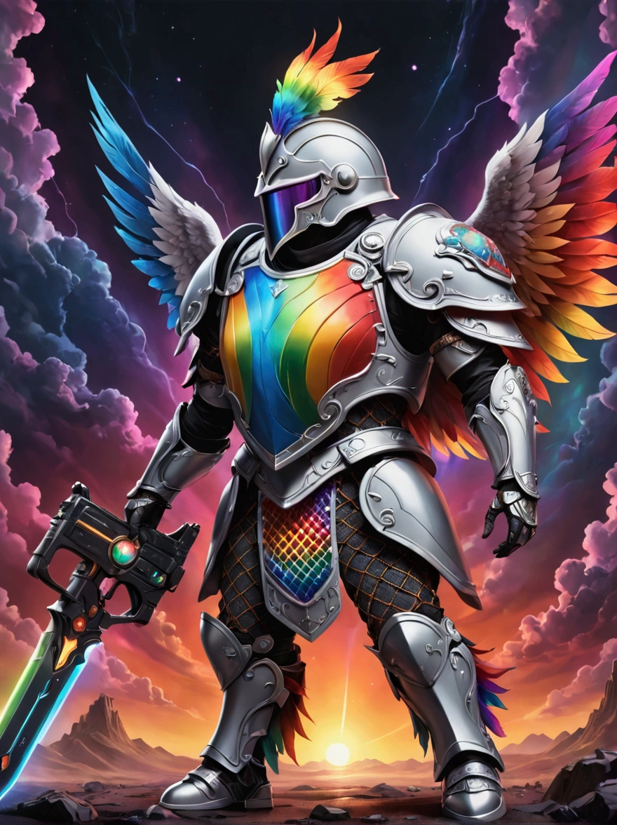 Imagine a futuristic warrior from a highly advanced pseudo-medieval universe. The warrior is armored in a power suit with features of Roman Centurions. The suit has a predominantly white color but is adorned with hues of vibrant rainbow colors, symbolizing inclusivity. Details include a helmet with a plume, a chainmail skirt, pauldrons with imperial eagles, and a power backpack shaped like an upside-down 'T'. The warrior is holding a futuristic version of a bolter gun in one hand and a power sword in the other hand, both decorated in the same vibrant colors