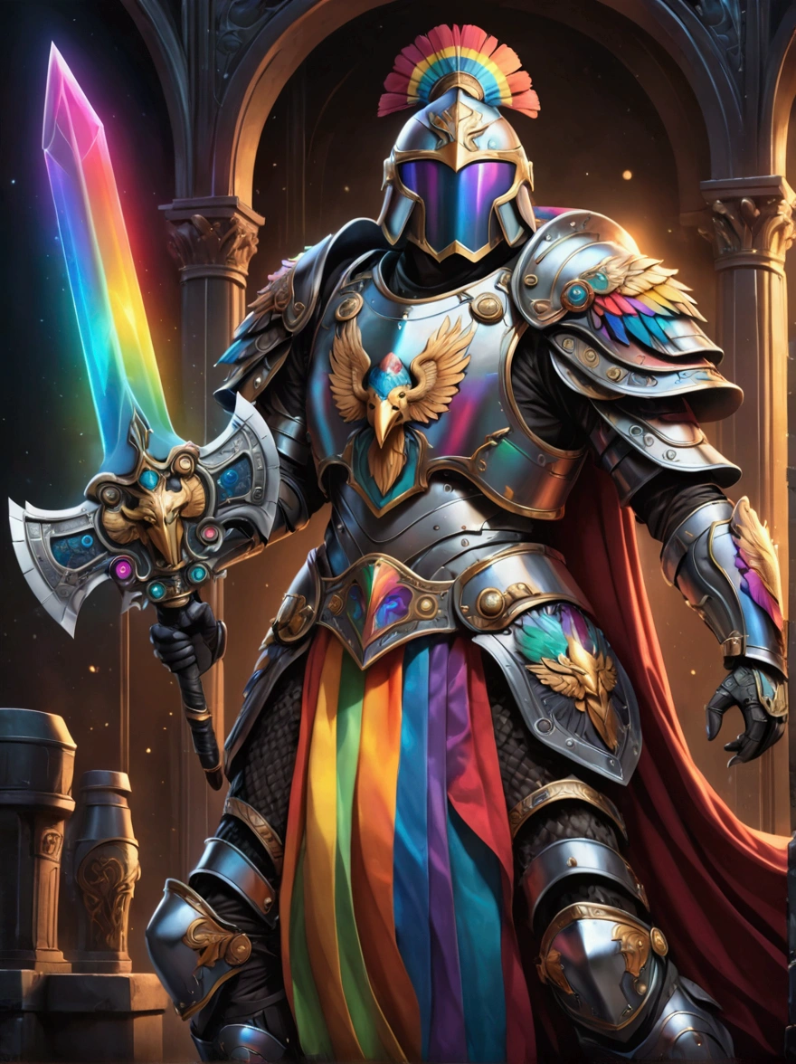 Imagine a futuristic warrior from a highly advanced pseudo-medieval universe. The warrior is armored in a power suit with features of Roman Centurions. The suit has a predominantly white color but is adorned with hues of vibrant rainbow colors, symbolizing inclusivity. Details include a helmet with a plume, a chainmail skirt, pauldrons with imperial eagles, and a power backpack shaped like an upside-down 'T'. The warrior is holding a futuristic version of a bolter gun in one hand and a power sword in the other hand, both decorated in the same vibrant colors