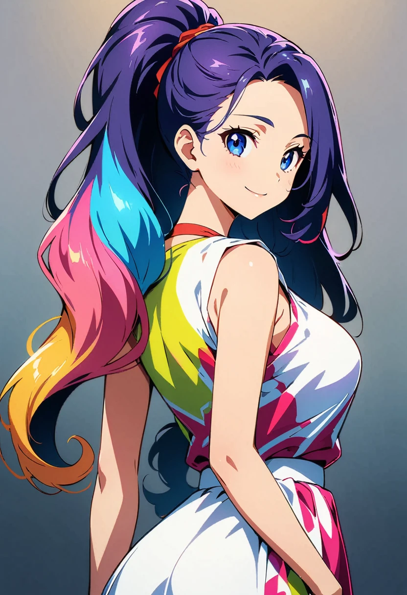 (Highest quality:1.2, Very detailed, Anime Style, Digital Painting, Studio Anime, Ultra-high resolution, High Contrast, masterpiece:1.2, Highest quality, Best aesthetics), 1 female, Long Hair, ponytail, Woman Turning Around, smile, Bright color palette、no lineart、Big Breastonochrome, halftone、A little deformed