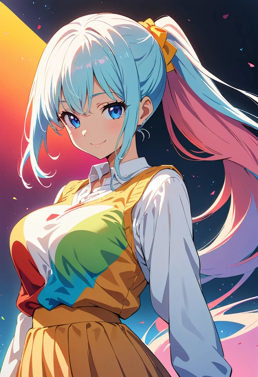 (Highest quality:1.2, Very detailed, Anime Style, Digital Painting, Studio Anime, Ultra-high resolution, High Contrast, masterpiece:1.2, Highest quality, Best aesthetics), 1 female,  Long Hair, ponytail,  Woman Turning Around, smile, Bright color palette、no lineart、Big Breastonochrome, halftone、A little deformed