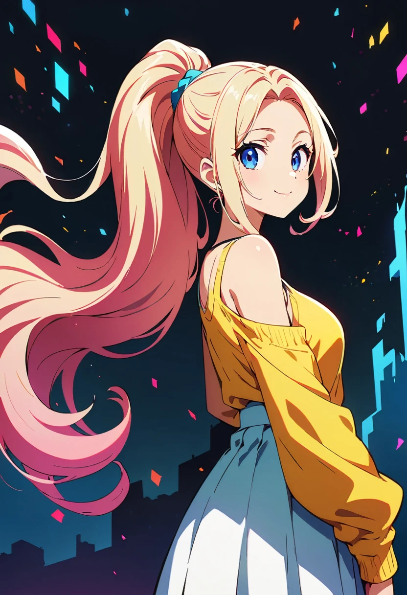 (Highest quality:1.2, Very detailed, Anime Style, Digital Painting, Studio Anime, Ultra-high resolution, High Contrast, masterpiece:1.2, Highest quality, Best aesthetics), 1 female,  Long Hair, ponytail,  Woman Turning Around, smile, Bright color palette、no lineart、Big Breastonochrome, halftone、A little deformed