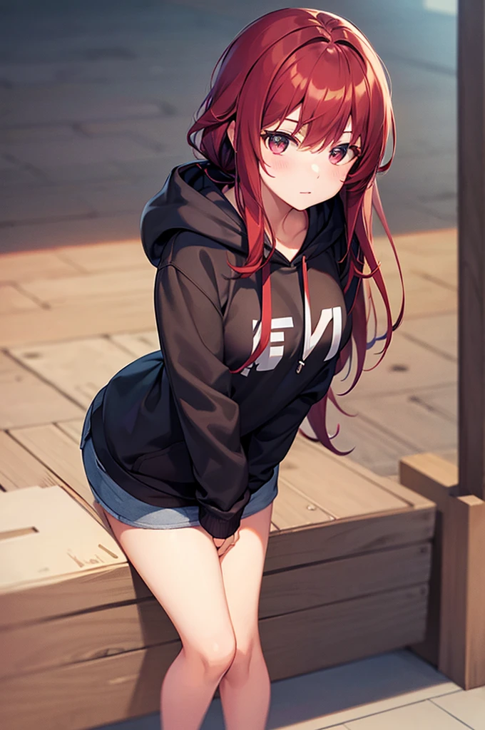 best quality, 1girl, hoodie, cool, dark red hair