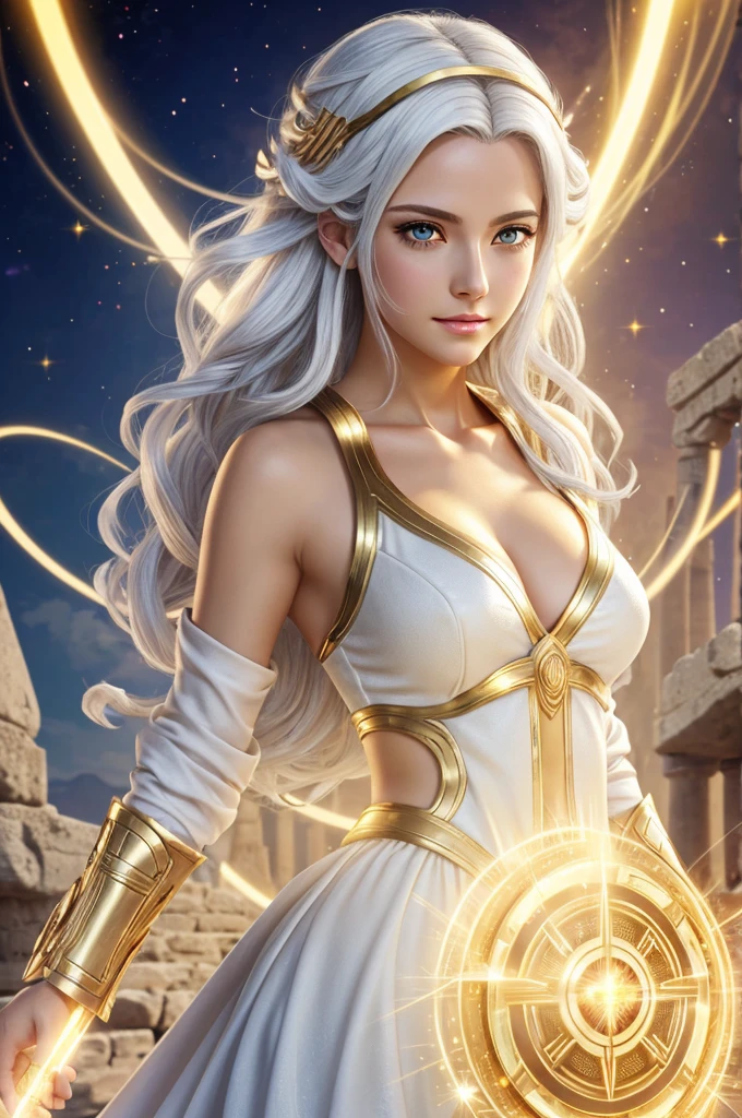 woman, 4k anime style, white hair, himaton costume, soft colors, light colors, golden eyes, greek gods clothes, athena, mythical, landscape background, golden particles, shiny lips, golden aura, golden rings