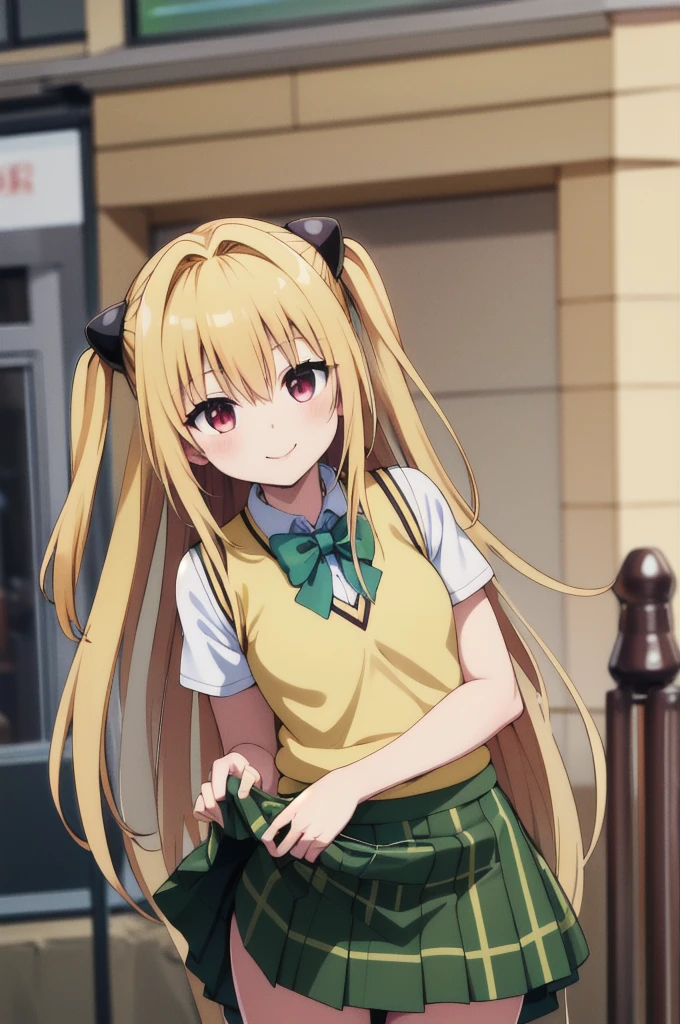 masterpiece, Highest quality, High resolution, Ayami, Very long hair, Both sides up, hair ornaments, , Green bow tie, White shirt, Sweater vest, Yellow vest, Short sleeve, Checked skirt, Green Skirt, Are standing, Cowboy Shot, smile, Outdoor, (((skirt lift))),(((Backwards)))Butt-showing bed