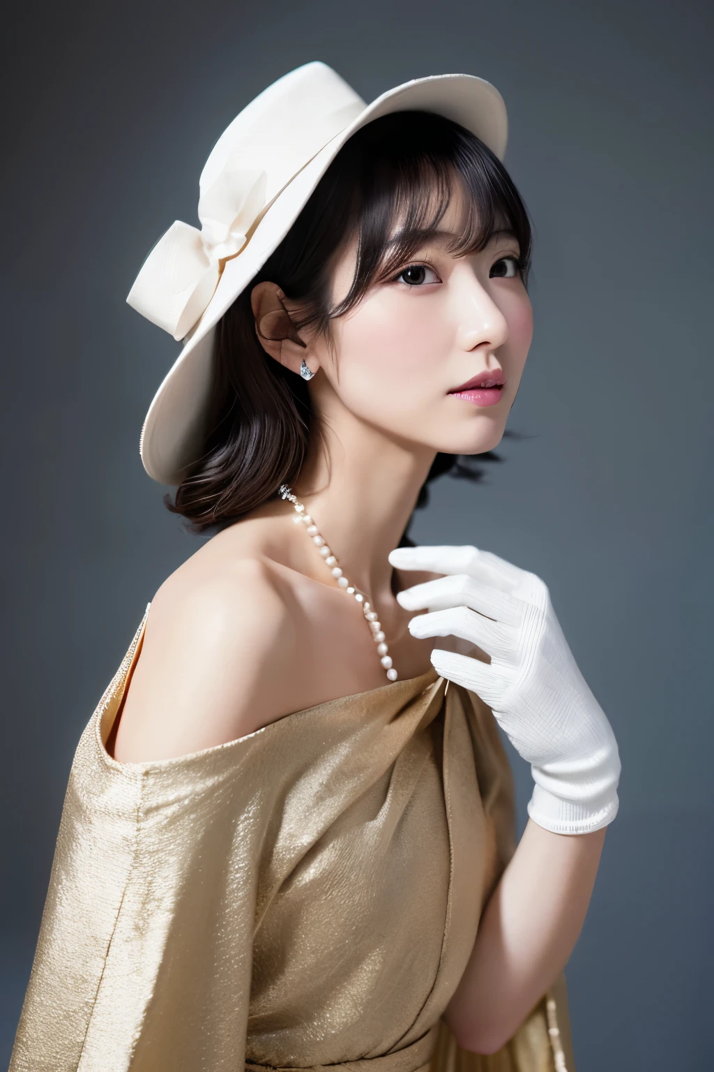 a high-quality, hyper-realistic portrait of a skinny 30-years-old Japanese woman dressed in an elegant, light blue outfit. She has short, neatly styled black hair and is wearing a white hat with a decorative bow. Her attire includes a light blue textured dress with a pearl necklace and a brooch on her left shoulder. She is also wearing white gloves and holding a small, gold-colored object. The background should depict an outdoor setting with a slightly blurred, traditional Japanese architectural backdrop to keep the focus on the woman. Ensure the image has detailed facial features, expressive eyes, and an anatomically correct body structure. The overall composition should be dignified and elegant, capturing the poise and grace of the woman.