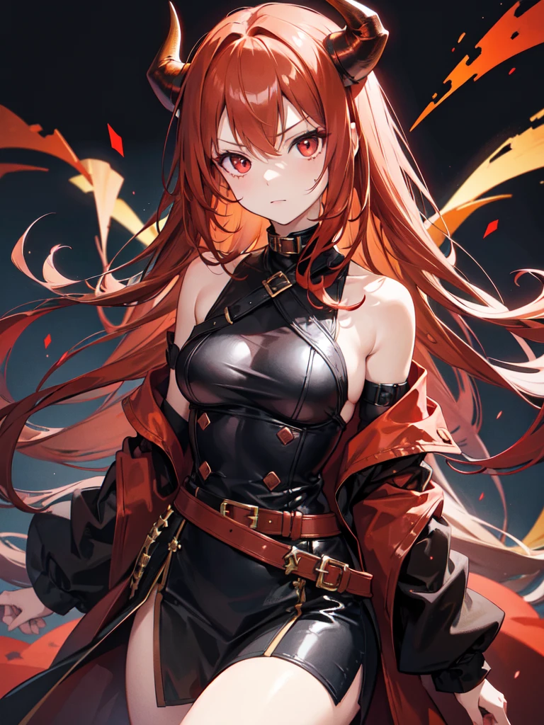 Girl with  light copper-amber hair, dark red eyes , sexy dark clothes, sly facial expression, , on the head there are black small demonic horns, average build , belt art , high detail studio light