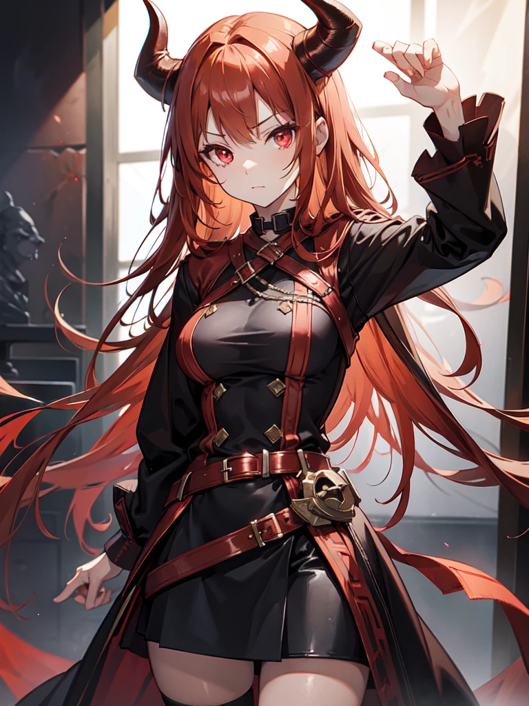 Girl with light copper-amber hair, dark red eyes , sexy dark clothes, sly facial expression, , on the head there are black small demonic horns, average build , belt art , high detail studio light