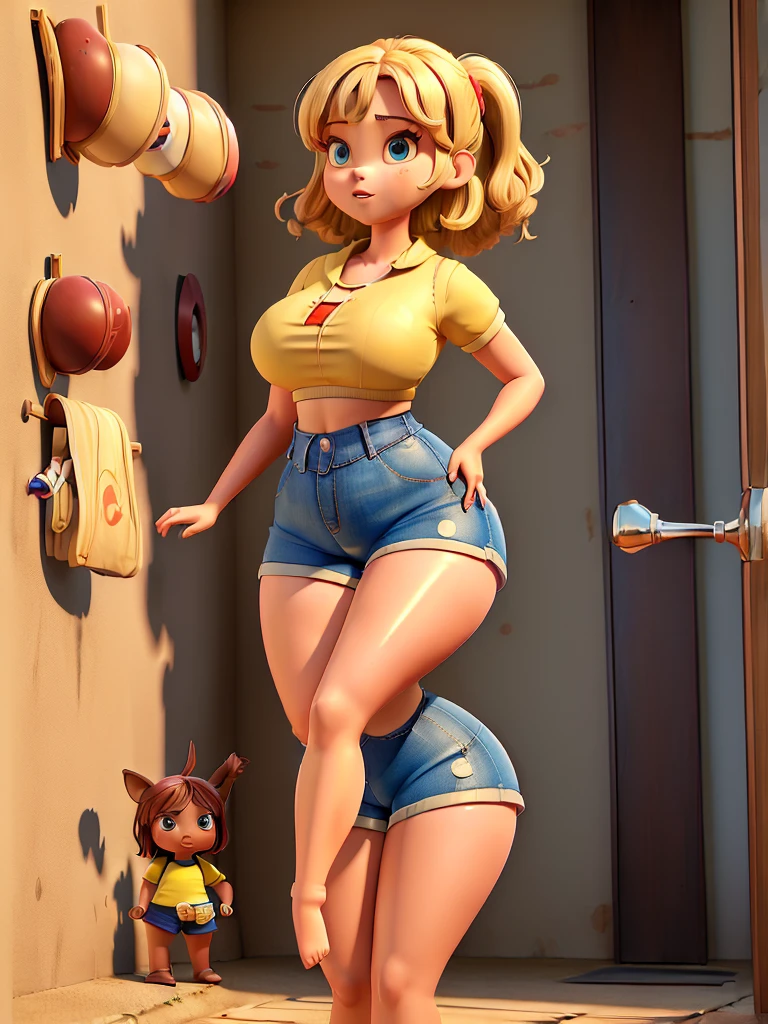 best quality:1.4), (masterpiece:1.4), (69K:1.4), (extremely detailed:1.4), 1girl very plumper crop top, against wall, bare thighs, hands on hips, (high waist shorts:1.4), (crotch seam:1.2), from side, plumper thighs, plumper legs, plumper_breasts,
