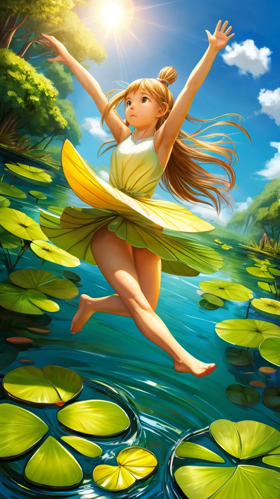 Lily practicing her jumps on lily pads, with a look of intense focus. The sun is shining, and the water is calm, showcasing her efforts and dedication.