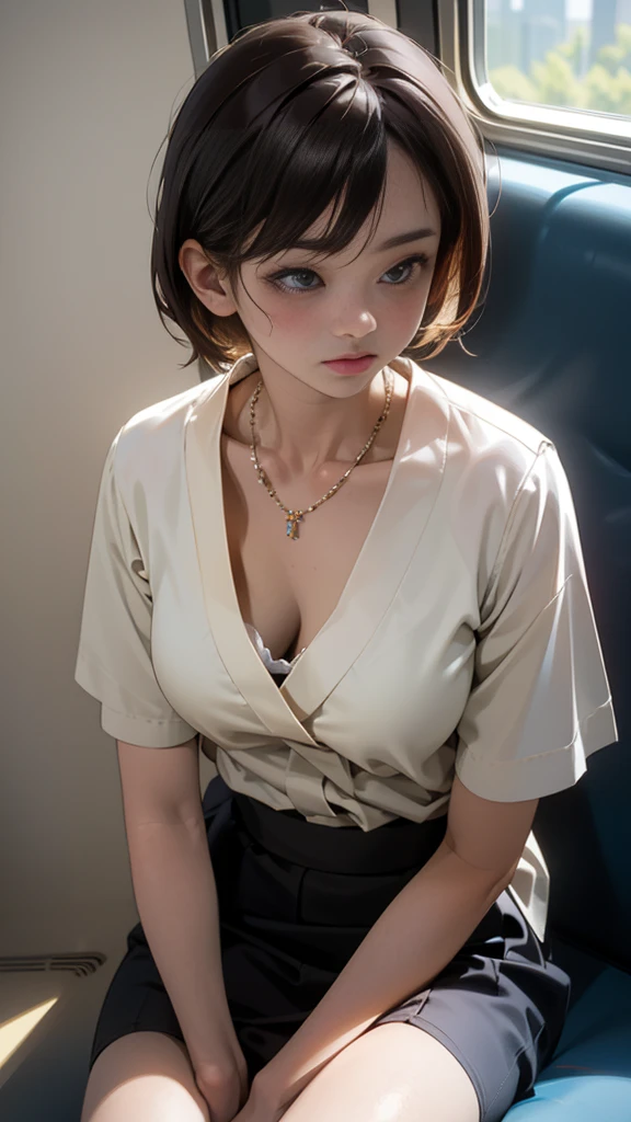 1 Girl ,Highest quality, Ultra-high resolution, Highly detailed skin, Physically Based Rendering, Very large breasts,Down blouse,(20 year old Japanese student, Decorative fine bra , Overlap short sleeve blouse, Sensual ),Sitting, Crouching on the train, short hair, necklace ,close,From top left ,Focus on the chest ,High brightness