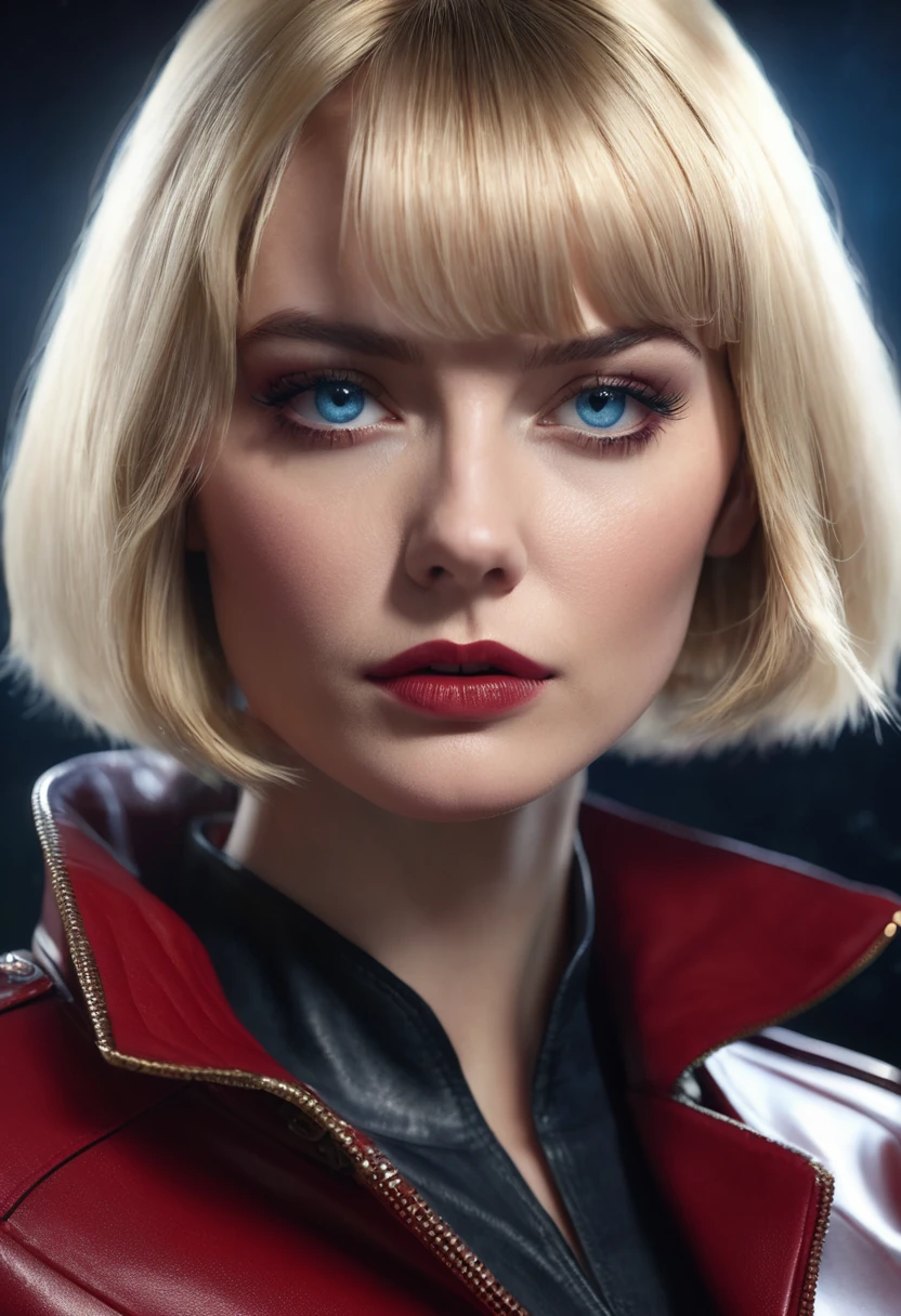 1 woman, inside a secret room, wearing a fine red leather spy outfit, detailed facial features, feminine blue eyes, detailed fair skin, blonde hair in a bob cut, she is standing, strong expression and serious and dramatic lighting, cold cinematic composition, atmospheric fog, beautiful face, thin chin, beautiful woman, feminine and beautiful, 25 years old (best quality, 4K, 8K, high resolution, art: 1.2), ultra-detailed, (realistic, photorealistic, photorealistic: 1.37)