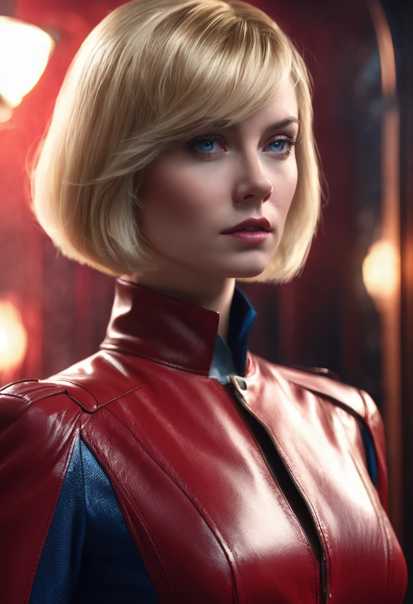 1 woman, inside a secret room, wearing a fine red leather spy outfit, detailed facial features, feminine blue eyes, detailed fair skin, blonde hair in a bob cut, she is standing, strong expression and serious and dramatic lighting, cold cinematic composition, atmospheric fog, beautiful face, thin chin, beautiful woman, feminine and beautiful, 25 years old (best quality, 4K, 8K, high resolution, art: 1.2), ultra-detailed, (realistic, photorealistic, photorealistic: 1.37)