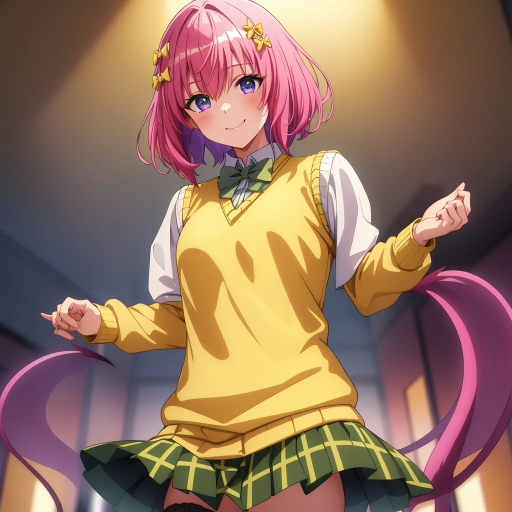 Momodebilke, Deviluke Type, demon tail, One person，Hair Flowers, hair ornaments, (Purple eyes:1.1), Pink Hair, short hair, tail, smile,最高masterpiece，Highest quality，
break demon tail, green skirt, Plaid, Plaid skirt, Sainan High , , skirt, Sweater vest, Knee socks, (Yellow Sweater:1.5), Short sleeve, bow, (green bow:1.5),
break indoors, classroom,
break looking at viewer, (Cowboy Shot:1.5),
break (masterpiece:1.2), Highest quality, High resolution, unity 8k wallpaper, (figure:0.8), (beautiful detailed eyes:1.6), extremely detailed face, Perfect lighting, extremely detailed CG, (Perfect hands, Perfect Anatomy),