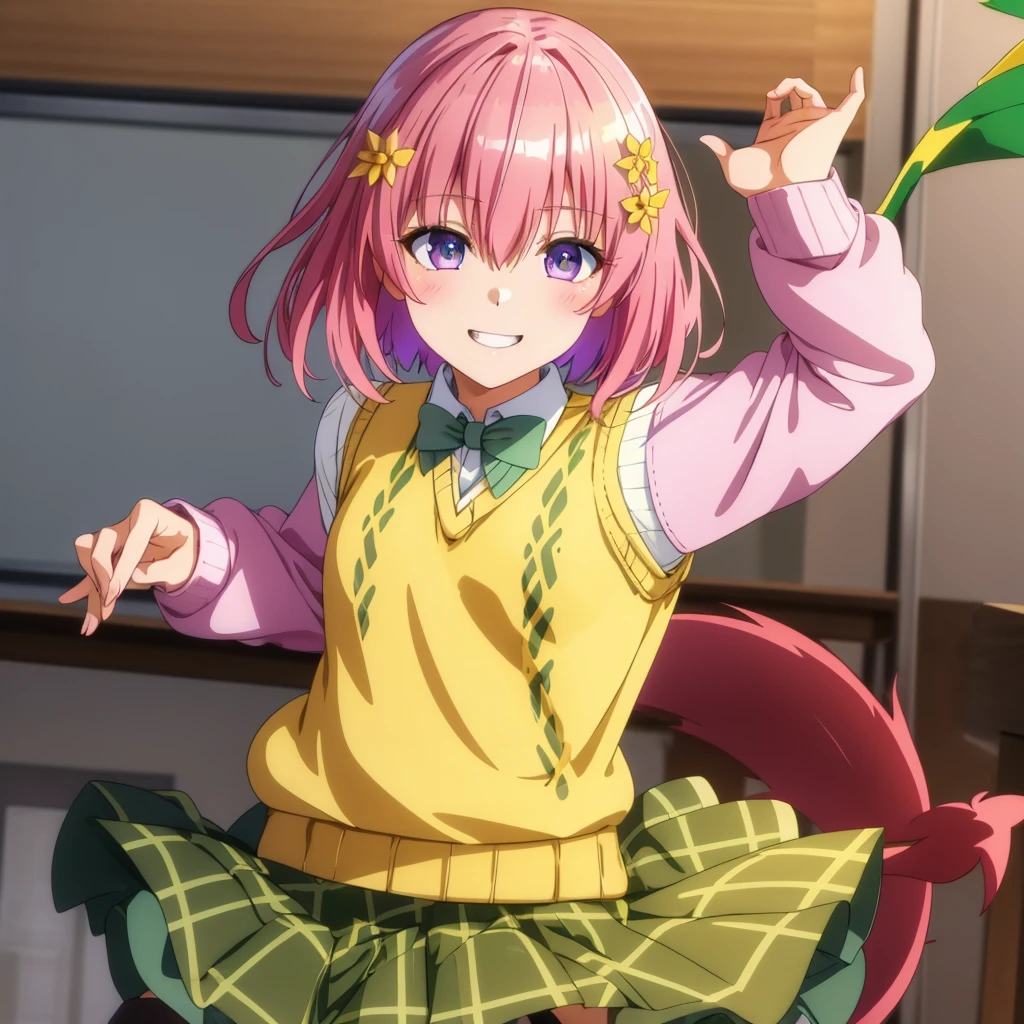 Momodebilke, Deviluke Type, demon tail, One person，Hair Flowers, hair ornaments, (Purple eyes:1.1), Pink Hair, short hair, tail, smile,最高masterpiece，Highest quality，
break demon tail, green skirt, Plaid, Plaid skirt, Sainan High , , skirt, Sweater vest, Knee socks, (Yellow Sweater:1.5), Short sleeve, bow, (green bow:1.5),
break indoors, classroom,
break looking at viewer, (Cowboy Shot:1.5),
break (masterpiece:1.2), Highest quality, High resolution, unity 8k wallpaper, (figure:0.8), (beautiful detailed eyes:1.6), extremely detailed face, Perfect lighting, extremely detailed CG, (Perfect hands, Perfect Anatomy),