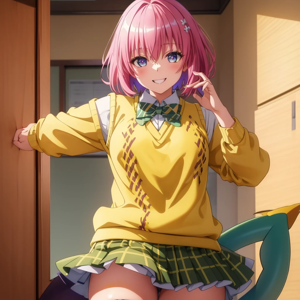 Momodebilke, Deviluke Type, demon tail, One person，Hair Flowers, hair ornaments, (Purple eyes:1.1), Pink Hair, short hair, tail, smile,最高masterpiece，Highest quality，
break demon tail, green skirt, Plaid, Plaid skirt, Sainan High , , skirt, Sweater vest, Knee socks, (Yellow Sweater:1.5), Short sleeve, bow, (green bow:1.5),
break indoors, classroom,
break looking at viewer, (Cowboy Shot:1.5),
break (masterpiece:1.2), Highest quality, High resolution, unity 8k wallpaper, (figure:0.8), (beautiful detailed eyes:1.6), extremely detailed face, Perfect lighting, extremely detailed CG, (Perfect hands, Perfect Anatomy),