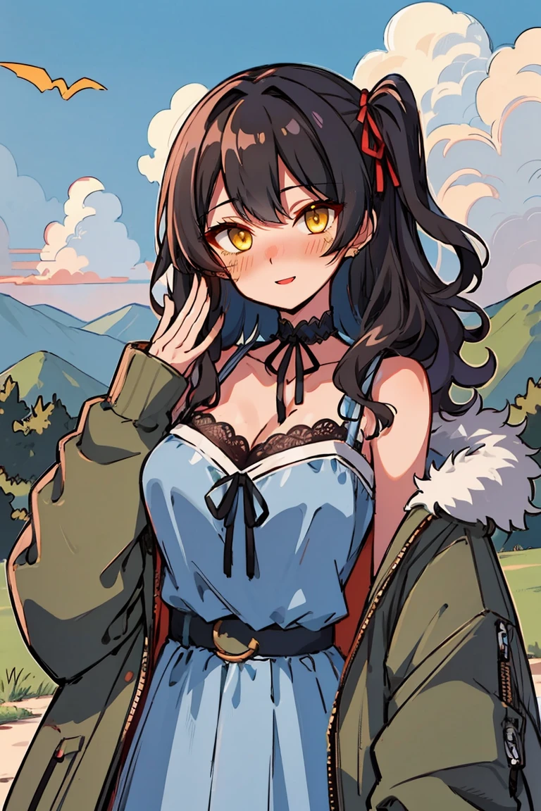 (masterpiece:1.2), (high quality:1.2), (hui xiyi:0.7), rekkyo sensen, rekkyou sensen, girls with((1girl, solo, black hair, yellow eyes, (wavy medium hair, one side up:1.3), blush, breasts, choker, cleavage, coat, cowboy shot, blue lace dress, black ribbon belt, red bow, red ribbon, neck ribbon, fur, khaki jacket, hood down, hooded coat, hooded jacket, hoodie, jacket, large breasts, long hair, long sleeves, medium breasts, open clothes, open coat,open hoodie, sleeveless, winter clothes, zipper, cleavage, upper body, hand up, waving, palm)), background with((architecture, blue sky, bush, castle, village, no humans, cloud, cloudy sky, day, field, garden, grass, hill, house, lamppost, landscape, mountain, mountainous horizon, nature, no humans, outdoors, scenery, shrine, sky))