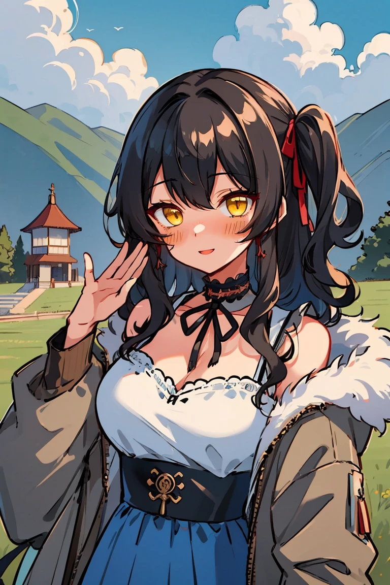 (masterpiece:1.2), (high quality:1.2), (hui xiyi:0.7), rekkyo sensen, rekkyou sensen, girls with((1girl, solo, black hair, yellow eyes, (wavy medium hair, one side up:1.3), blush, breasts, choker, cleavage, coat, cowboy shot, blue lace dress, black ribbon belt, red bow, red ribbon, neck ribbon, fur, khaki jacket, hood down, hooded coat, hooded jacket, hoodie, jacket, large breasts, long hair, long sleeves, medium breasts, open clothes, open coat,open hoodie, sleeveless, winter clothes, zipper, cleavage, upper body, hand up, waving, palm)), background with((architecture, blue sky, bush, castle, village, no humans, cloud, cloudy sky, day, field, garden, grass, hill, house, lamppost, landscape, mountain, mountainous horizon, nature, no humans, outdoors, scenery, shrine, sky))