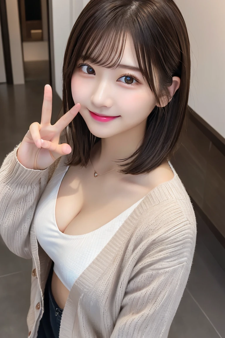 Highest quality、（beautiful）、Precision Eyes、Fine skin、Brown eyes、22-year-old female、Brown Hair、looking at the camera、Gal、Semi-short hair、cardigan、peace sign、Selfie、smile、Precision Hands、Shoot from above、Cleavage