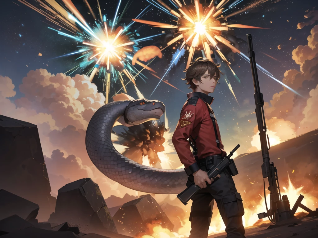 Masterpiece, best quality, Large snake, look at viewer, stand,gun possession, desert ,(explosion from gun:1.5) , (lots of smoke)
