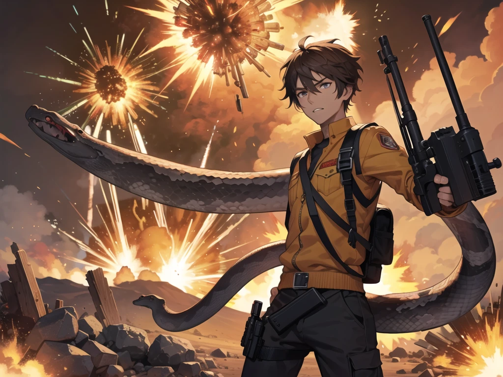 Masterpiece, best quality, Large snake, look at viewer, stand,gun possession, desert ,(explosion from gun:1.5) , (lots of smoke)